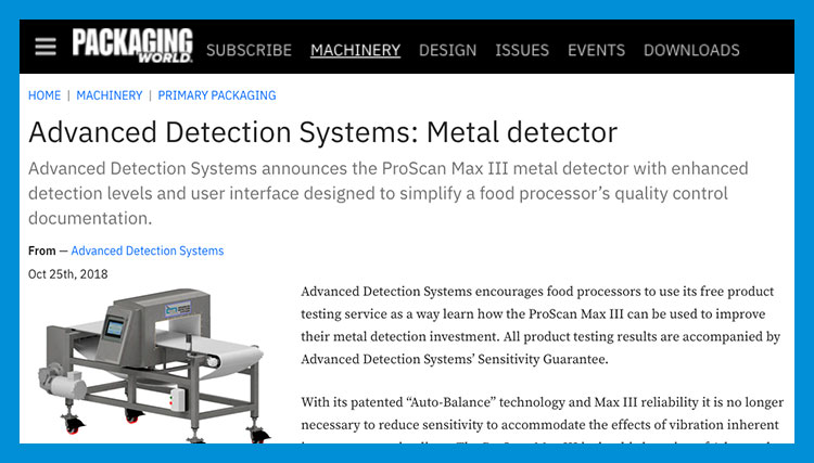 Packaging World News Release on ADS's Metal Detector