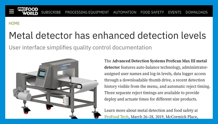 ProFood World News Release on ADS Metal Detector