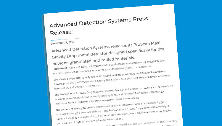 ADS ProScan Max II Gravity Drop Press Release