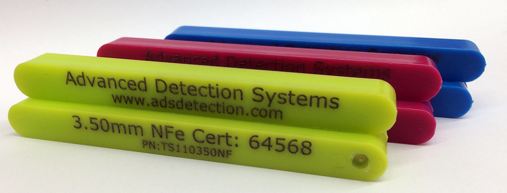 Metal detection test wands for product testing