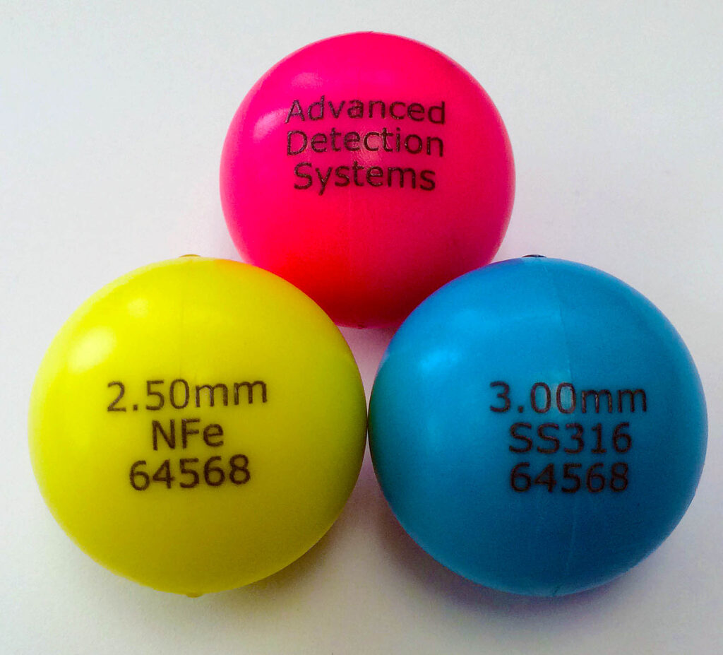 Metal detection test wands spheres for product testing