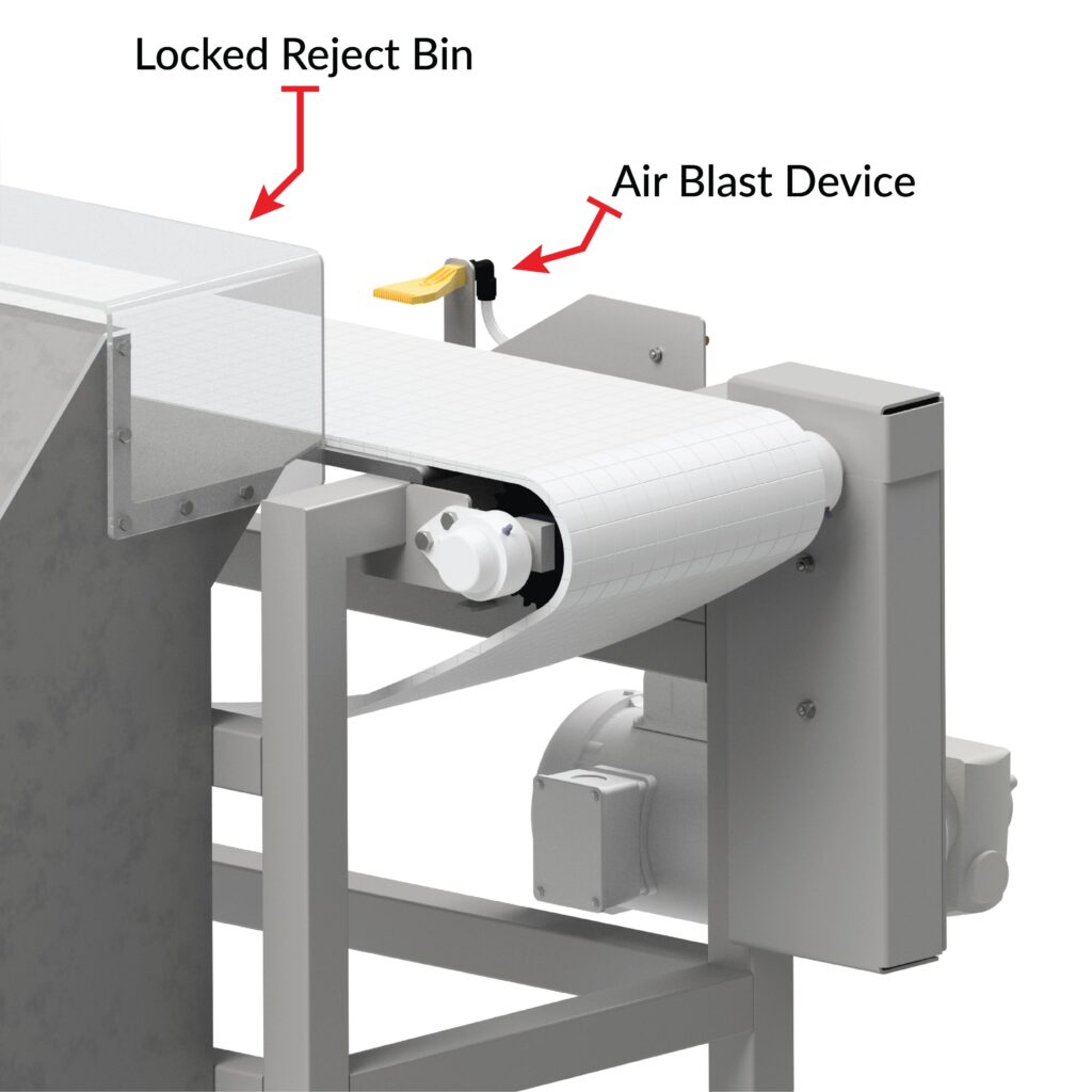 Air Blast Reject Device and Locked Reject Bin on Conveyor Belt Metal Detector