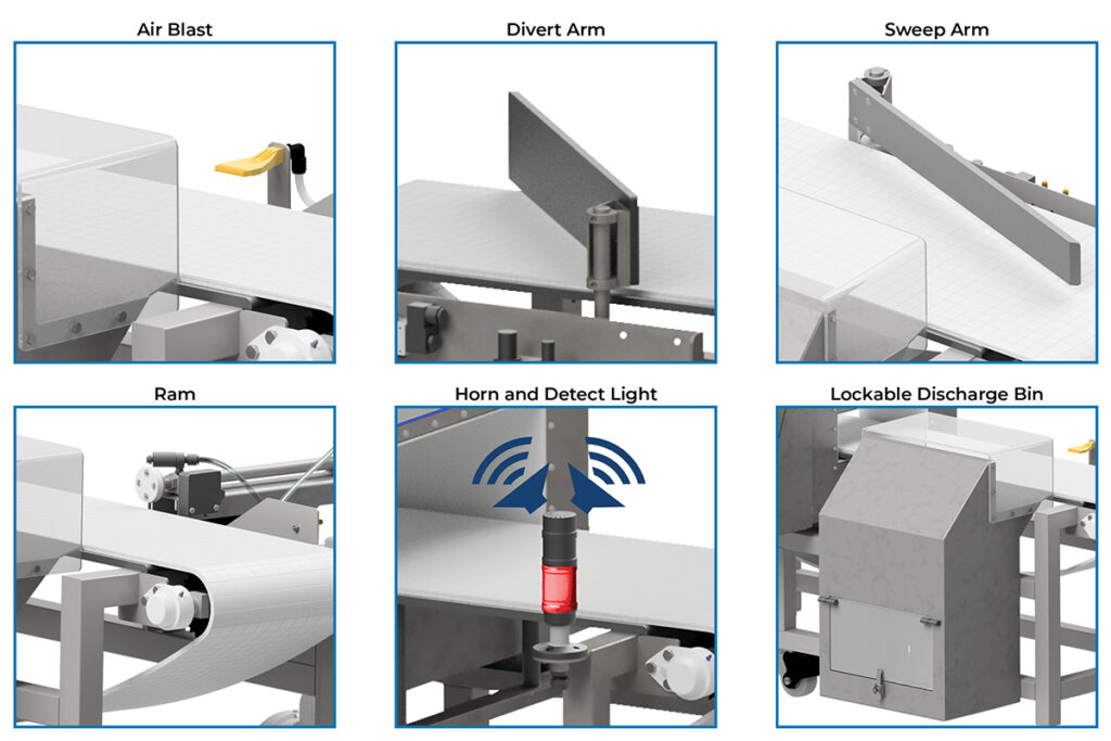 Reject devices available on bolt-together frame metal detector conveyors