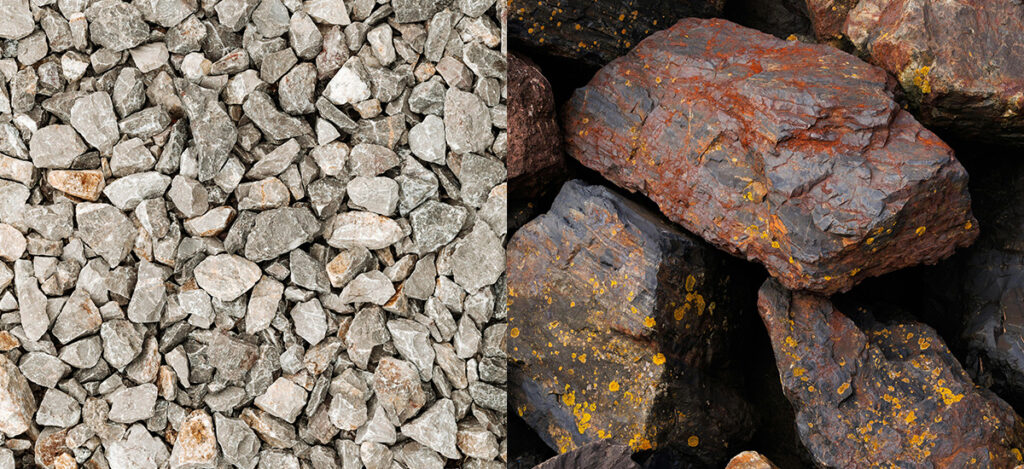 Images of limestone gravel and iron ore side by side